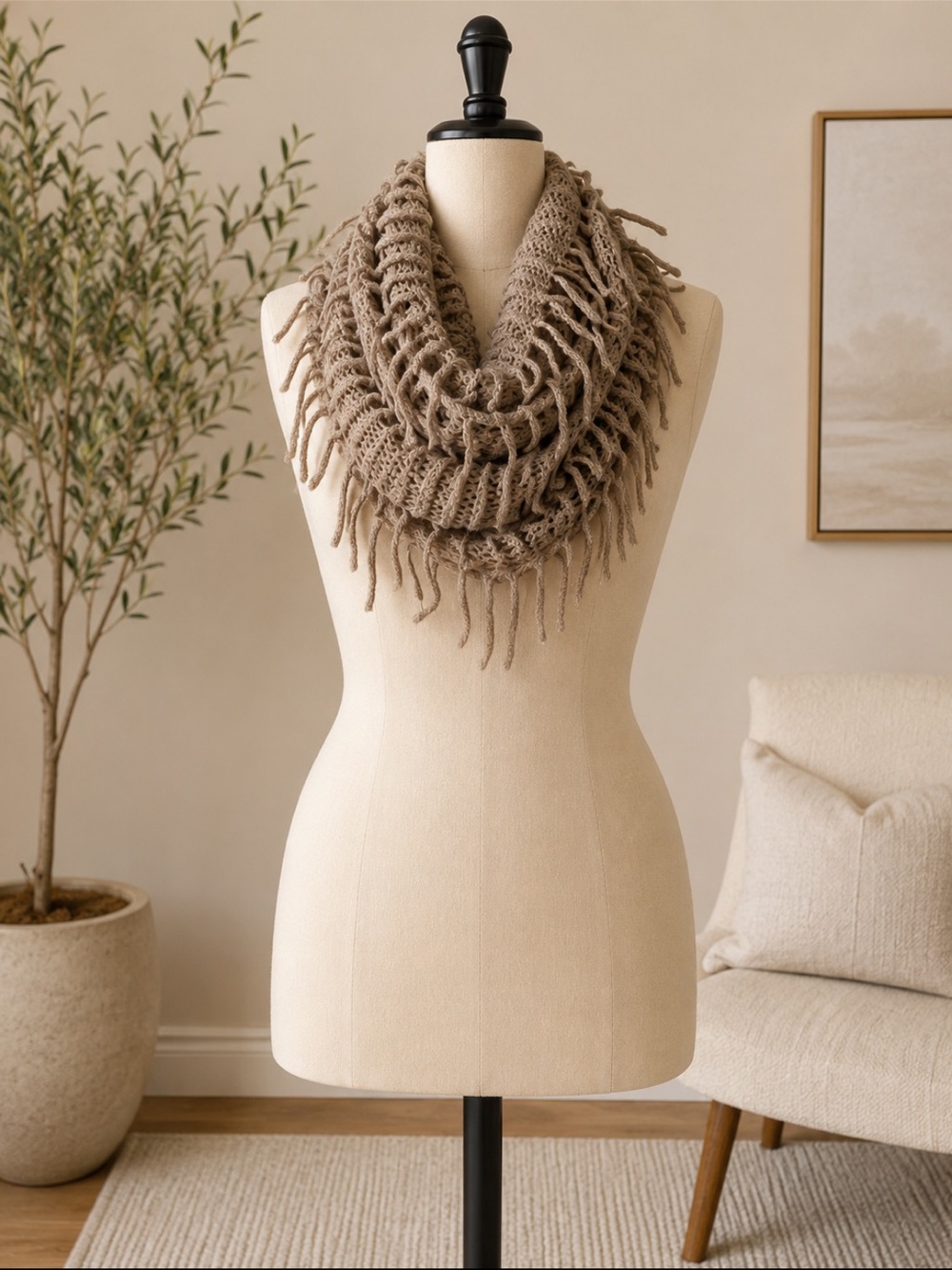 Othr Taupe Fringe Knit Infinity Scarf